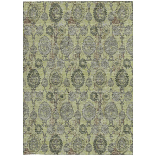 3' X 5' Artichoke Green Green And Gray Damask Washable Indoor Outdoor Area Rug