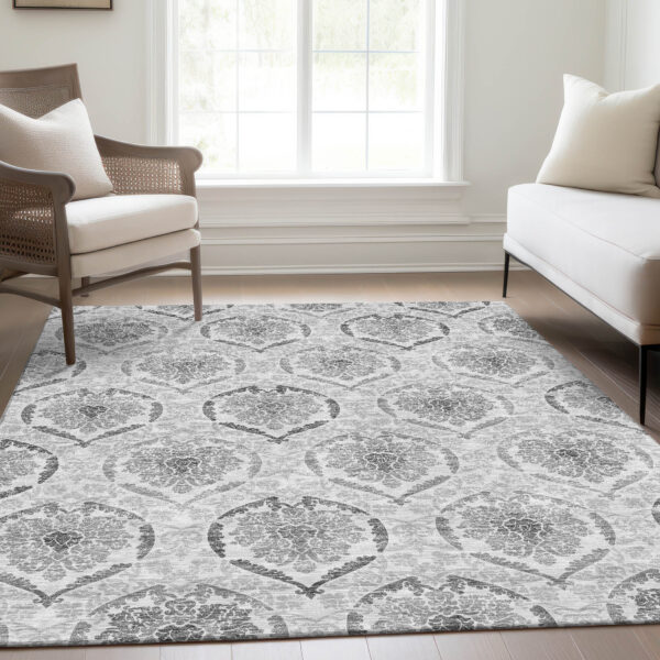 9' X 12' Silver Gray And Charcoal Medallion Washable Indoor Outdoor Area Rug