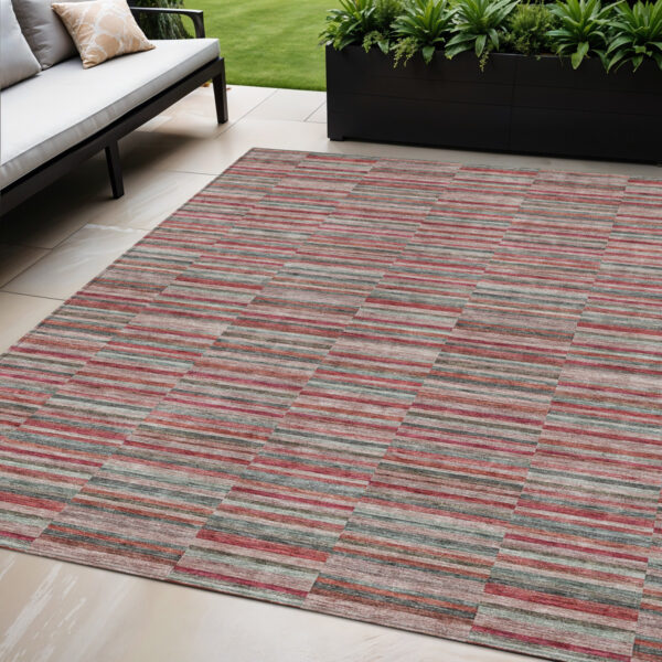 5' X 8' Red Beige And Copper Striped Washable Indoor Outdoor Area Rug