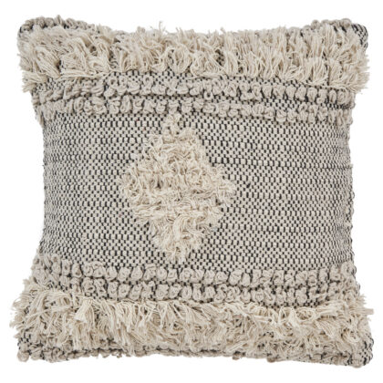 20" X 20" Natural and Black Geometric Cotton Zippered Pillow With Fringe