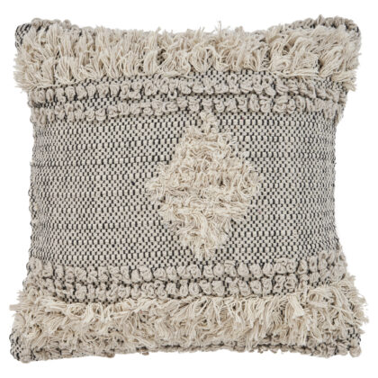 20" X 20" Natural and Black Geometric Cotton Zippered Pillow With Fringe