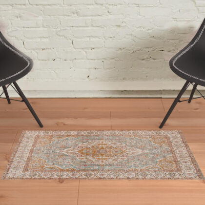 2' x 3' Blue Oriental Power Loom Area Rug With Fringe