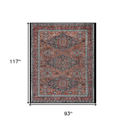 8' x 10' Red Orange Wool Floral Hand Knotted Distressed Area Rug With Fringe