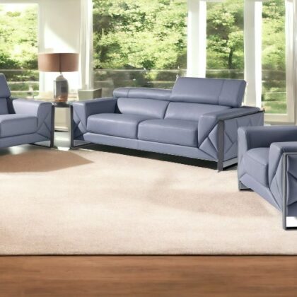 Three Piece Indoor Light Blue Italian Leather Six Person Seating Set