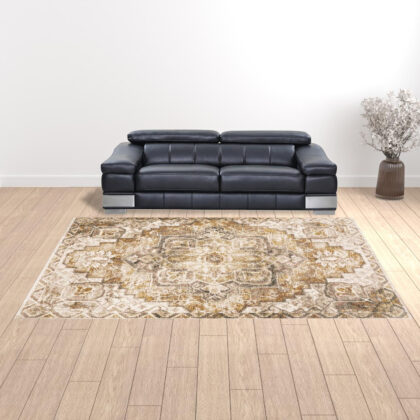 10' X 13' Gold And Ivory Oriental Power Loom Stain Resistant Area Rug With Fringe