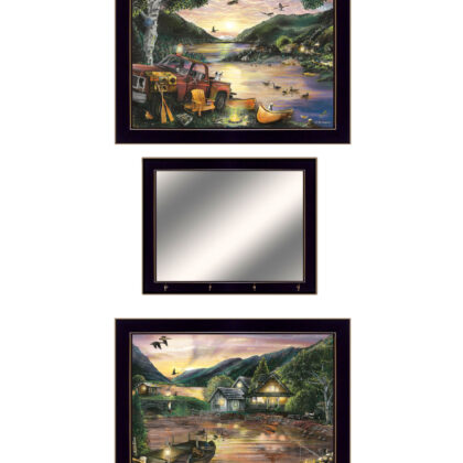 Set Of Three Lakefront Camping 3 Black Framed Print Wall Art with Mirror