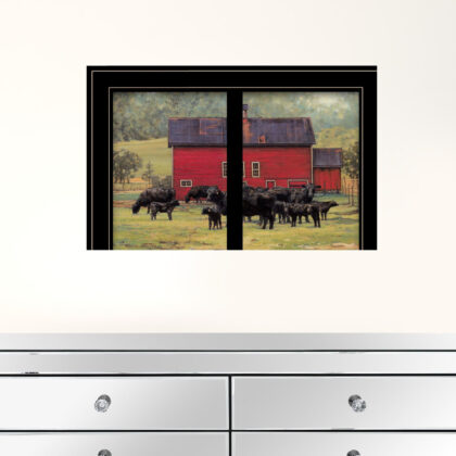 By The Red Barn Herd Of Angus 2 Black Framed Print Wall Art