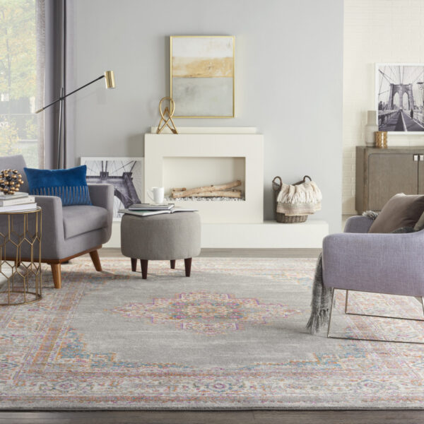 9' x 12' Gray Floral Power Loom Area Rug