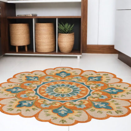 4' Orange and Blue Round Wool Floral Hand Tufted Area Rug