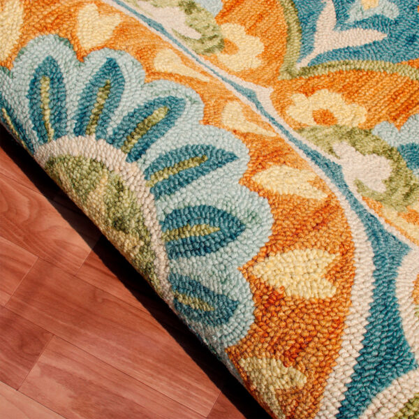 4' Orange and Blue Round Wool Floral Hand Tufted Area Rug
