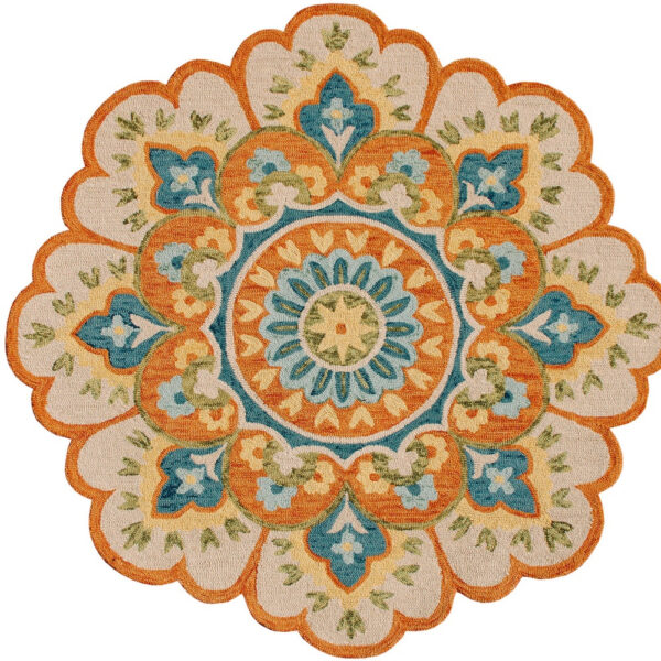 4' Orange and Blue Round Wool Floral Hand Tufted Area Rug