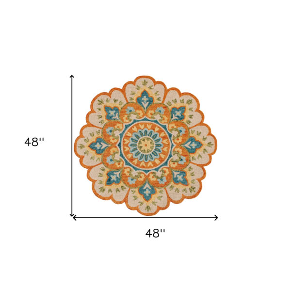 4' Orange and Blue Round Wool Floral Hand Tufted Area Rug