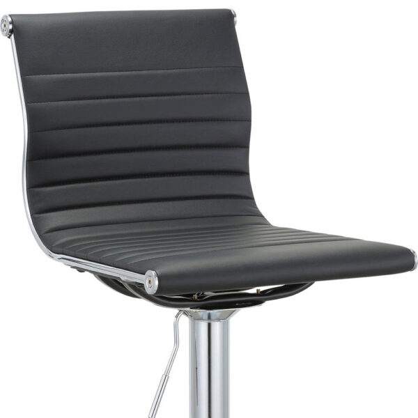 Set of Two Black and Silver Faux Leather and Metal Low Back Adjustable Height Bar Chairs