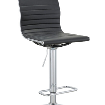 Set of Two Black and Silver Faux Leather and Metal Low Back Adjustable Height Bar Chairs