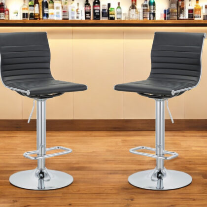Set of Two Black and Silver Faux Leather and Metal Low Back Adjustable Height Bar Chairs