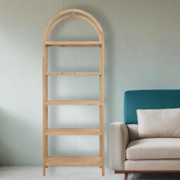 80" Natural Wood Five Tier Arched Top Bookcase