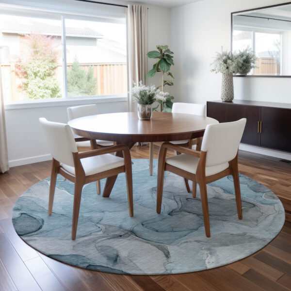 8' Round Teal Round Abstract Washable Non Skid Indoor Outdoor Area Rug
