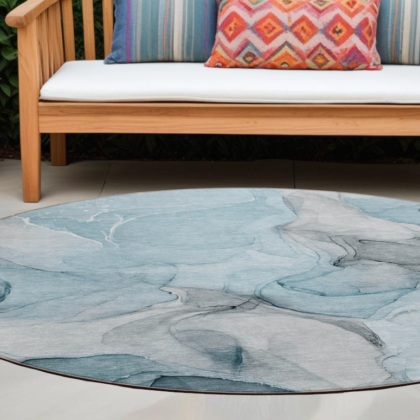 8' Round Teal Round Abstract Washable Non Skid Indoor Outdoor Area Rug