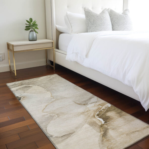 2' X 8' Beige and Brown Abstract Washable Indoor Outdoor Runner Rug