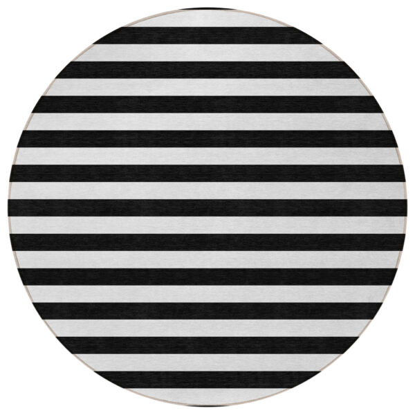 8' Round Black and White Round Striped Washable Non Skid Indoor Outdoor Area Rug