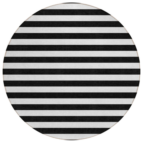 8' Round Black and White Round Striped Washable Non Skid Indoor Outdoor Area Rug