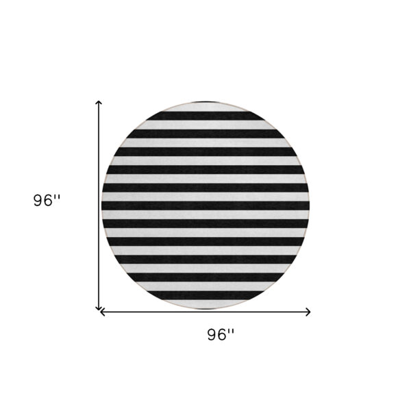 8' Round Black and White Round Striped Washable Non Skid Indoor Outdoor Area Rug