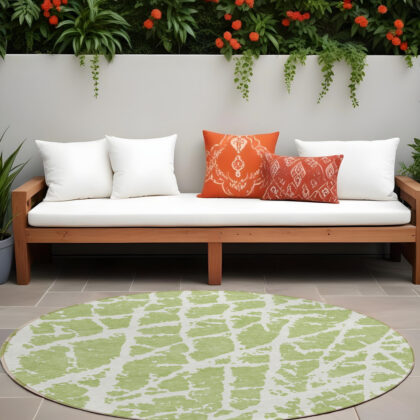 8' Round Green and White Round Abstract Washable Non Skid Indoor Outdoor Area Rug