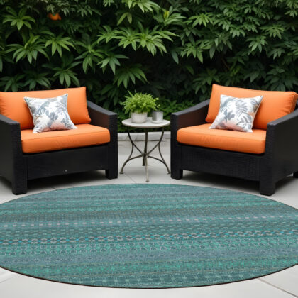 8' Round Turquoise Round Striped Washable Non Skid Indoor Outdoor Area Rug