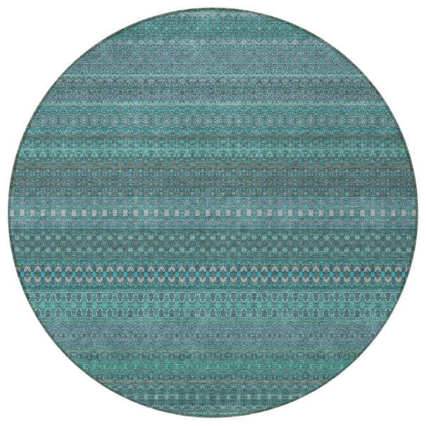 8' Round Turquoise Round Striped Washable Non Skid Indoor Outdoor Area Rug