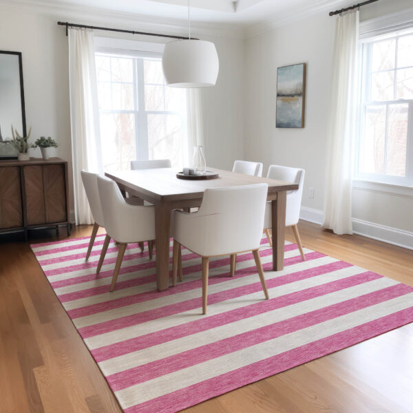 3' X 5' Pink and White Striped Washable Non Skid Indoor Outdoor Area Rug