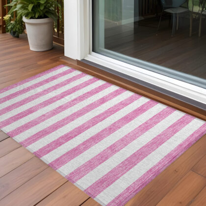3' X 5' Pink and White Striped Washable Non Skid Indoor Outdoor Area Rug