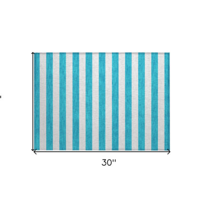 2' X 3' Teal Striped Washable Non Skid Indoor Outdoor Area Rug