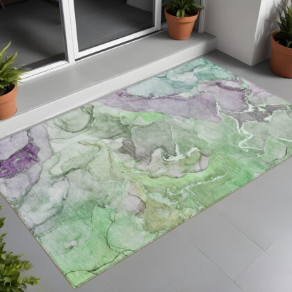 2' X 3' Green and Purple Abstract Washable Indoor Outdoor Area Rug