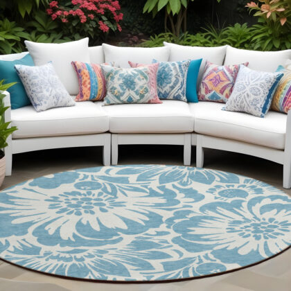 8' Round Denim and Ivory Round Floral Washable Non Skid Indoor Outdoor Area Rug