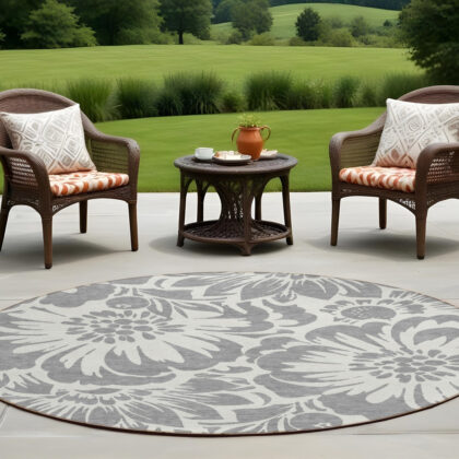 8' Round Gray and Ivory Round Floral Washable Non Skid Indoor Outdoor Area Rug