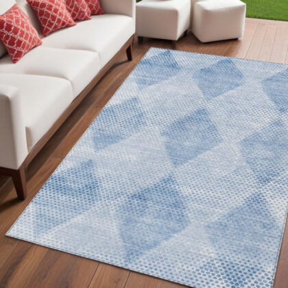 5' X 8' Blue Geometric Washable Non Skid Indoor Outdoor Area Rug