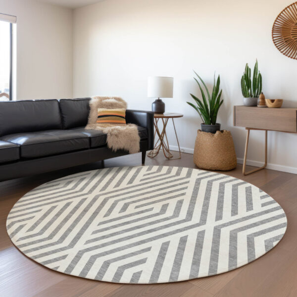 8' Round Gray and Ivory Round Geometric Washable Non Skid Indoor Outdoor Area Rug