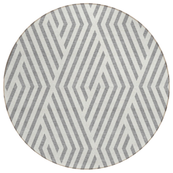 8' Round Gray and Ivory Round Geometric Washable Non Skid Indoor Outdoor Area Rug