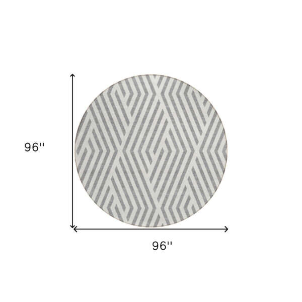 8' Round Gray and Ivory Round Geometric Washable Non Skid Indoor Outdoor Area Rug