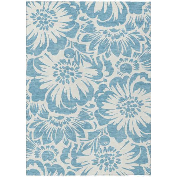 5' X 8' Denim and Ivory Floral Washable Non Skid Indoor Outdoor Area Rug