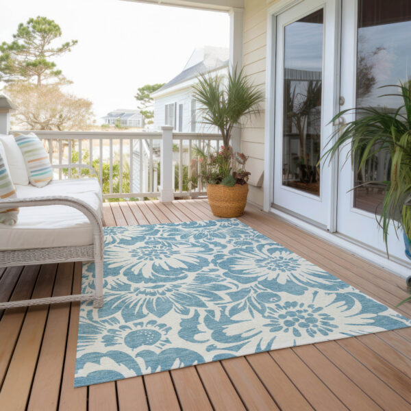 5' X 8' Denim and Ivory Floral Washable Non Skid Indoor Outdoor Area Rug