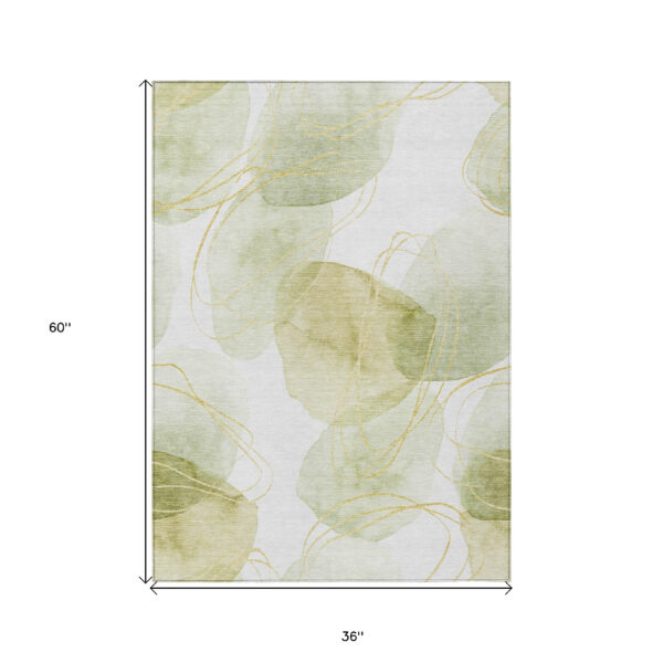 3' X 5' Green and Ivory Abstract Washable Non Skid Indoor Outdoor Area Rug