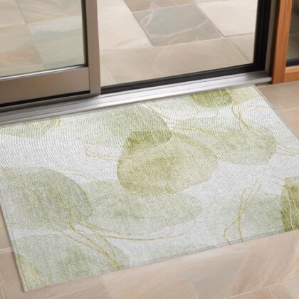 3' X 5' Green and Ivory Abstract Washable Non Skid Indoor Outdoor Area Rug