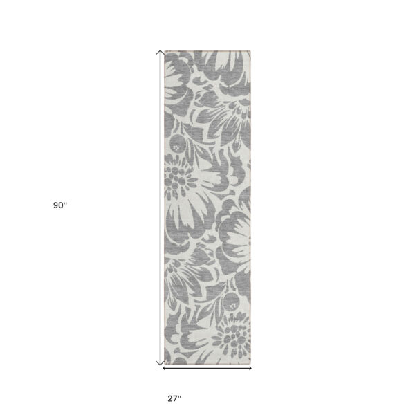 8' Runner Gray and Ivory Floral Washable Non Skid Indoor Outdoor Runner Rug