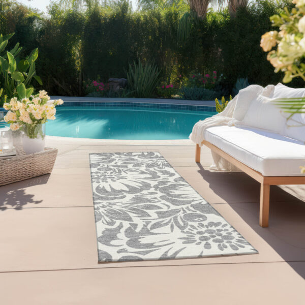 8' Runner Gray and Ivory Floral Washable Non Skid Indoor Outdoor Runner Rug