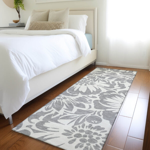 8' Runner Gray and Ivory Floral Washable Non Skid Indoor Outdoor Runner Rug