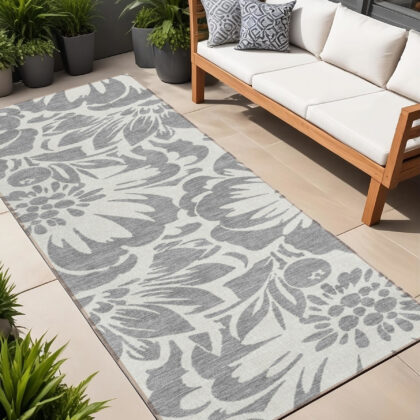 8' Runner Gray and Ivory Floral Washable Non Skid Indoor Outdoor Runner Rug