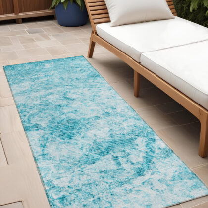 8' Runner Teal Abstract Washable Non Skid Indoor Outdoor Runner Rug
