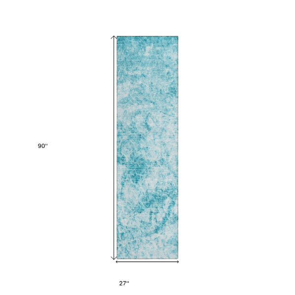 8' Runner Teal Abstract Washable Non Skid Indoor Outdoor Runner Rug