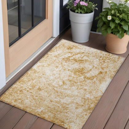 3' X 5' Cream and Gold Abstract Washable Non Skid Indoor Outdoor Area Rug